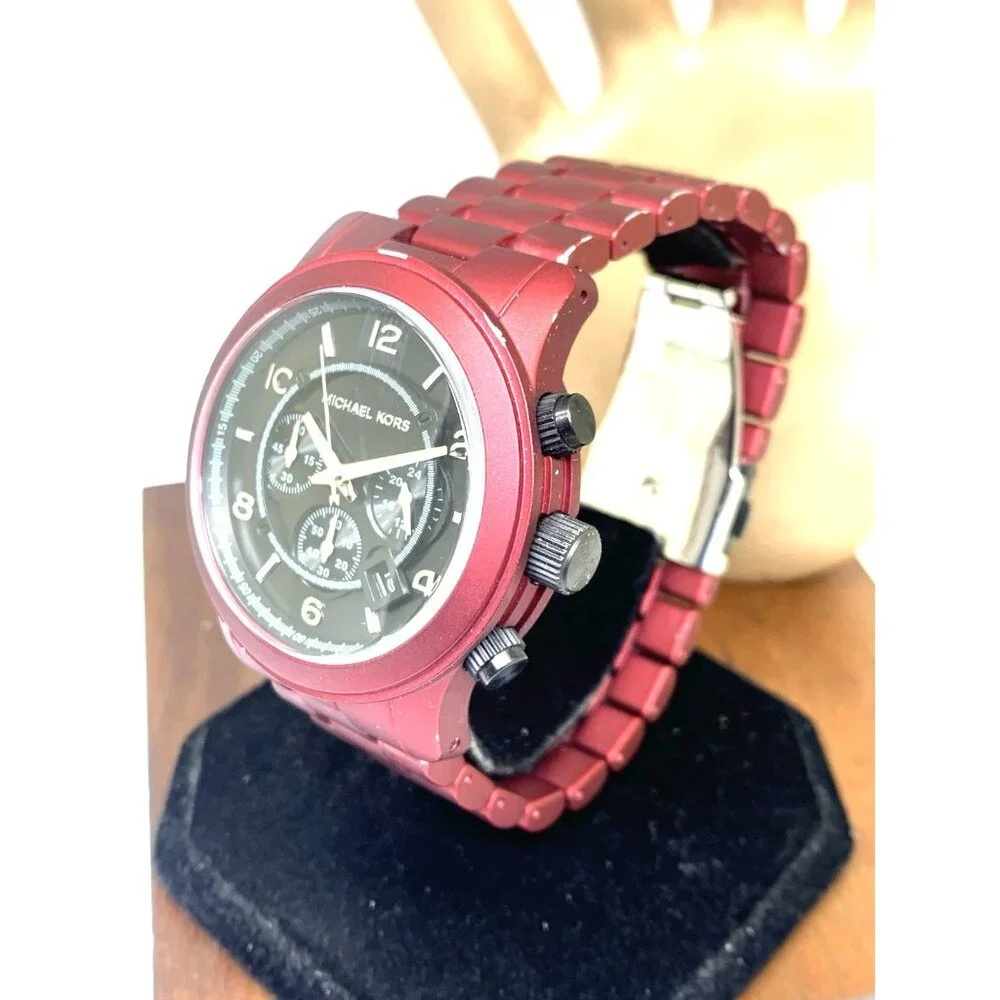 Michael Kors Mens Watch MK9148 Runway Quartz Black Dial Red Stainless Steel 45mm